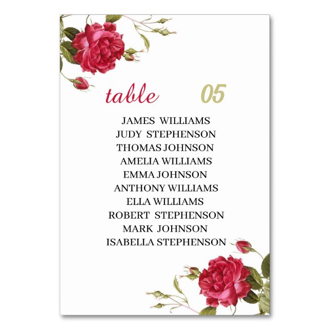 Elegant Red Flower Personlig Bröllop Bordsnummer (Framsidan)