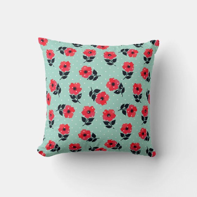 Elegant Red Flowers Aqua Blue Polka dots Mönster Kudde (Framsida)