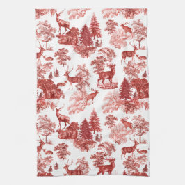 Elegant Red Fransk Toile Hjort in Woodland Kökshandduk