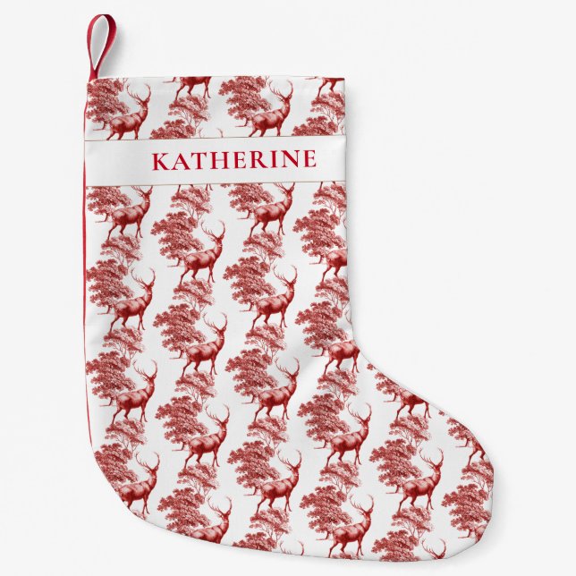 Elegant Red Fransk Toile Hjort in Woodland Liten Julstrumpa (Framsidan)