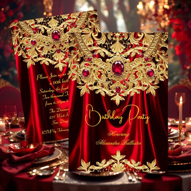 Elegant Red Gems Gold Lace Damask Birthday Party Inbjudningar (Skapare uppladdad)