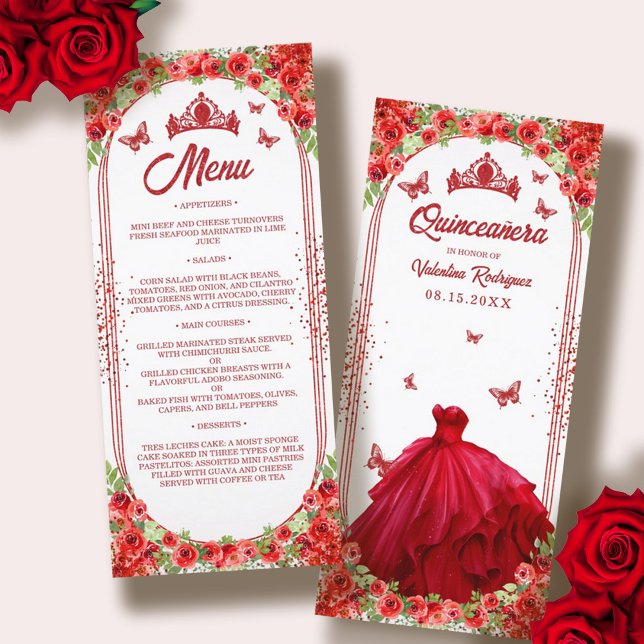 Elegant Red Glitter Blommigt Quinceanera Dress Meny (Elegant Red Glitter Floral Quinceanera Dress Menu)