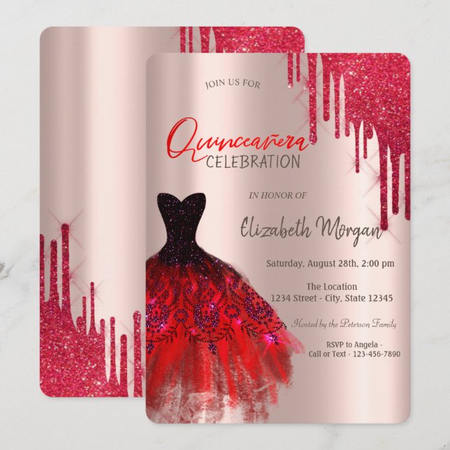 Elegant Red Glitter-drivrutin Quinceañera Inbjudningar (Fram/baksida)