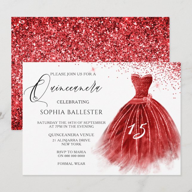 Elegant Red Glitter Gown Quinceanera Party Inbjudningar (Fram/baksida)