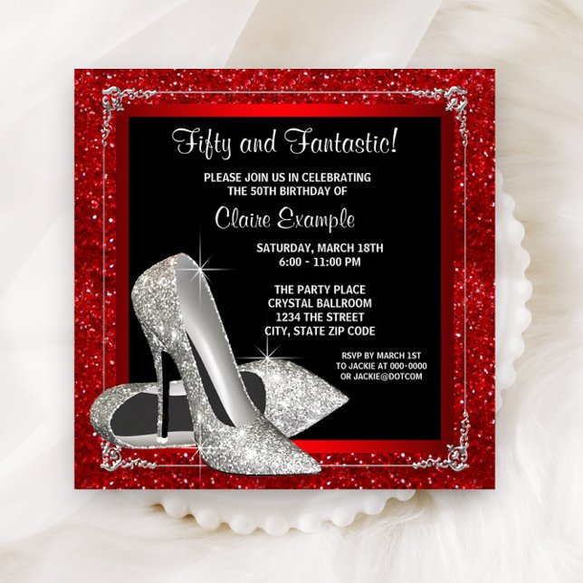 Elegant Red Glitter High Heel Födelsedagsfest Inbjudningar (Elegant silver shoes on a beautiful red, black background any number birthday and event invitation.)