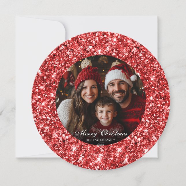 Elegant Red Glitter Julgran Family Photo (Framsida)