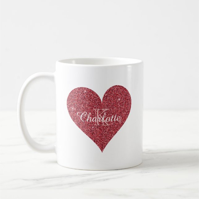 Elegant Red Gnistra Glitter Heart Monogram Kaffemugg (Vänster)