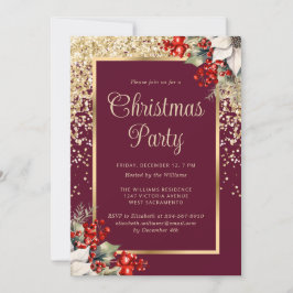 Elegant Red Gold Botanical Christmas Party Inbjudningar