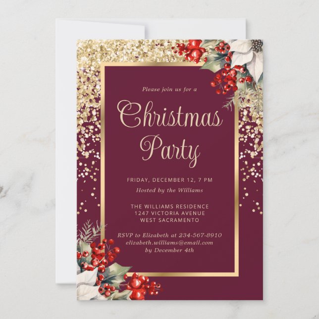 Elegant Red Gold Botanical Christmas Party Inbjudningar (Framsida)