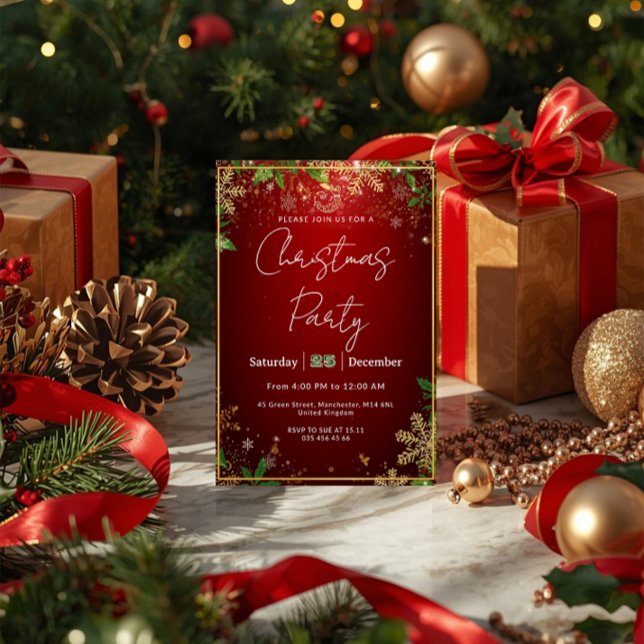 Elegant, Red & Gold, Christmas Party Invitation Inbjudningar (Skapare uppladdad)