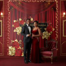 Elegant Red & Gold Floral Engagement Backdrop