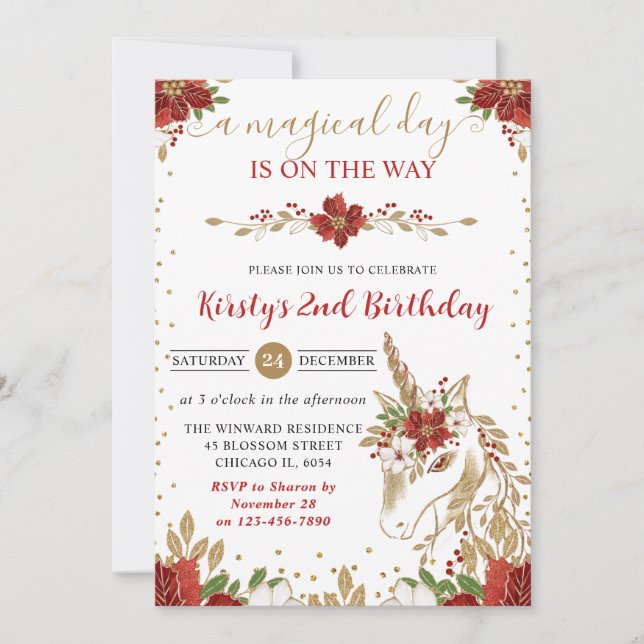 Elegant Red & Gold Floral Unicorn Birthday Party Inbjudningar (Framsida)