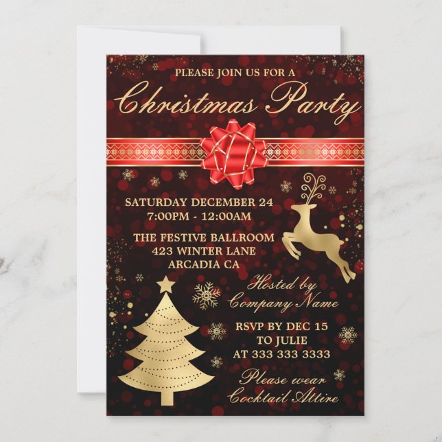 Elegant Red & Gold Foil Ribbon jul Party Inbjudningar (Framsida)