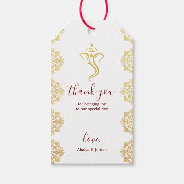 Elegant Red & Gold Ganesha & Mehndi Hindu Wedding Presentetikett (Framsidan)