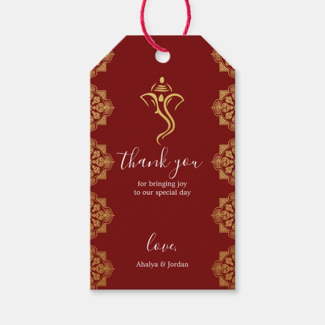 Elegant Red & Gold Ganesha & Mehndi Hindu Wedding Presentetikett (Framsidan)