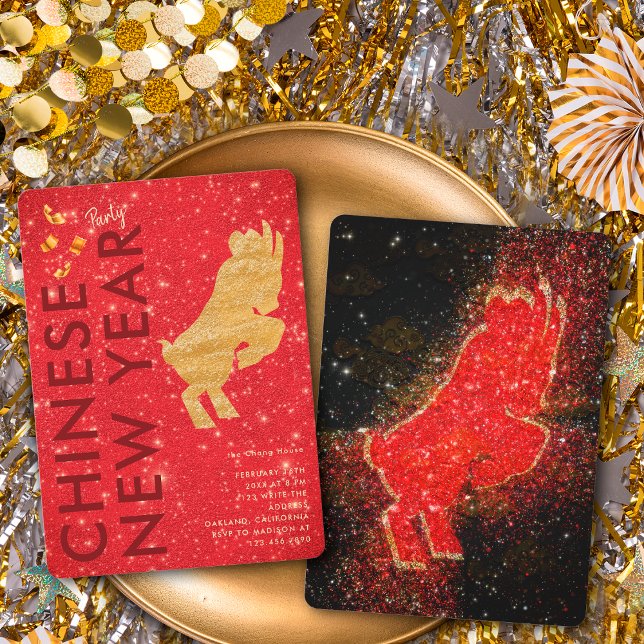 Elegant Red Gold Glitter Goat Lunar New Year Party Inbjudningar (Skapare uppladdad)