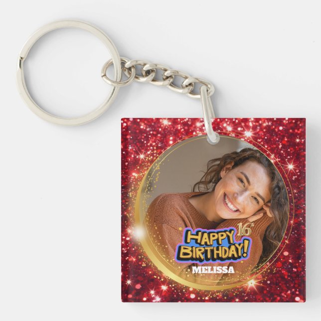 Elegant Red & Gold Glitter Photo 16th Birthday (Framsidan)