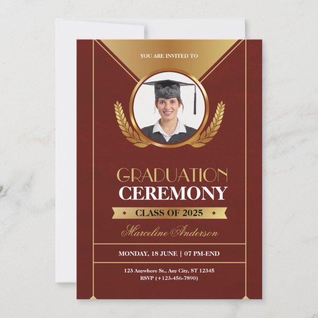 Elegant Red Gold Graduation Ceremony Invite (Framsida)