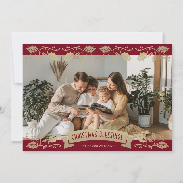 Elegant Red Gold Holly Berries Photo Christian Julkort (Framsida)