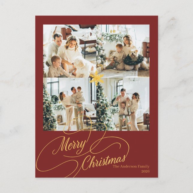 Elegant Red & Gold Merry Christmas Family Photo -  Helg Vykort (Framsida)