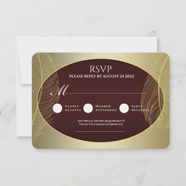 Elegant Red Gold Oval Feather RSVP Card OSA Kort (Framsida)