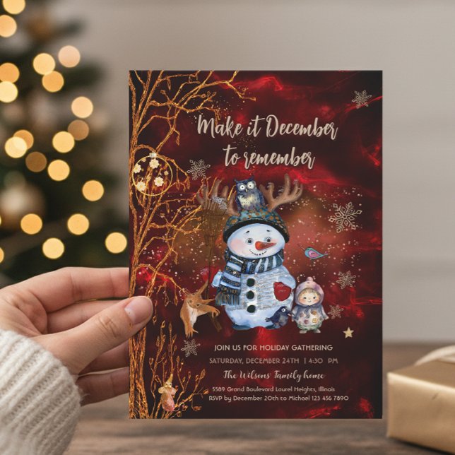 Elegant Red Gold Snowman & Characters Christmas Inbjudningar (Elegant Red Gold Snowman & Characters Christmas Invitation)