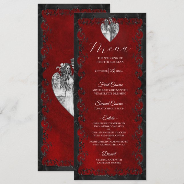 Elegant red Gothic Wedding Menu Meny (Fram/baksida)