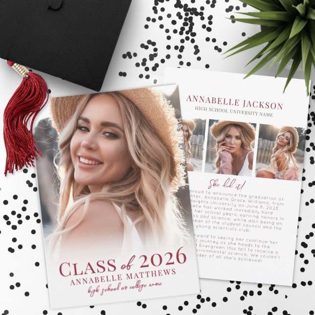 Elegant Red Graduate Photo Graduation Meddelande (Elegant Red Graduate Photo Collage Graduation Announcement)