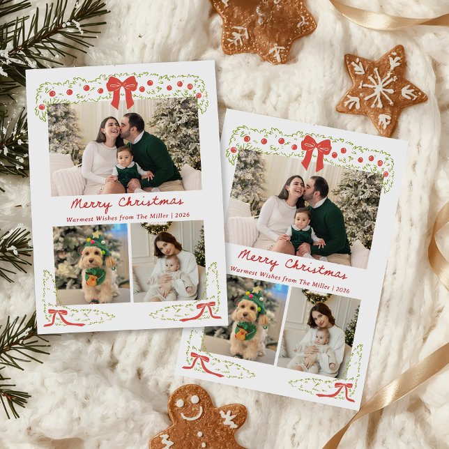 Elegant Red Green Christmas Photo Holiday Card Julkort (Skapare uppladdad)