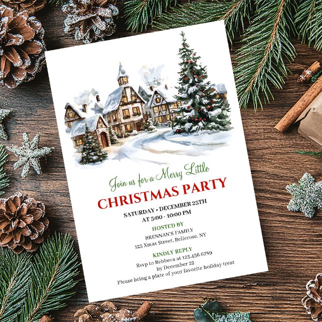Elegant red green festive city Christmas party   Inbjudningar (Elegant red green festive city Christmas party invite)