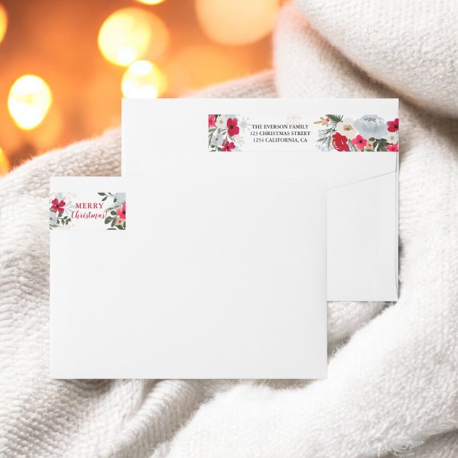 Elegant Red Grönt blommigt snowflake-jul Etikettband (Elegant Red Green floral snowflake Christmas Wrap Around Label)