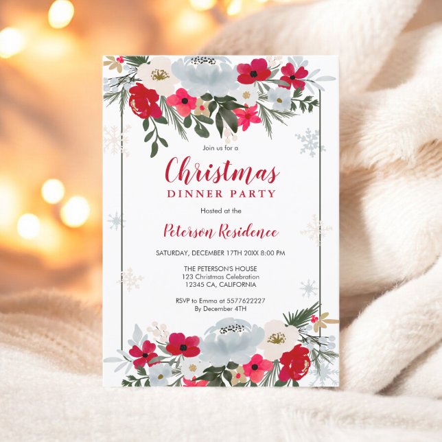Elegant Red Grönt blommigt snowflake-jul Inbjudningar (Elegant Red Green floral snowflake Christmas Invitation)