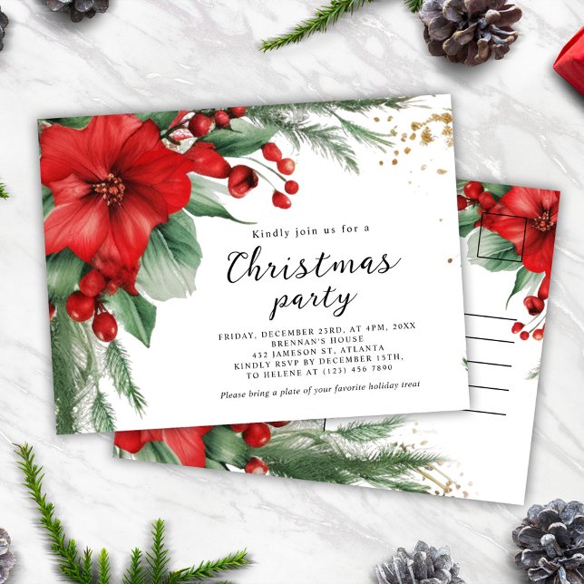 Elegant Red Grönt Botaniska julen Party Inbjudan Vykort (Elegant Red Green Botanical Christmas Party Invitation Postcard)