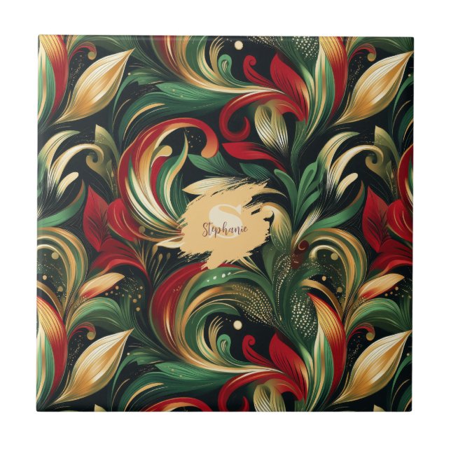 Elegant Red, Grönt & Guld Abstrakt Paisley Löv Kakelplatta (Framsidan)