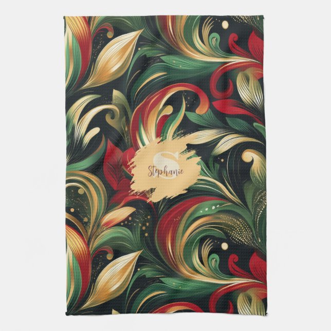 Elegant Red, Grönt & Guld Abstrakt Paisley Löv Kökshandduk (Vertikal)