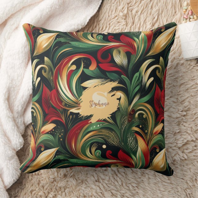 Elegant Red, Grönt & Guld Abstrakt Paisley Löv Kudde (Filt)