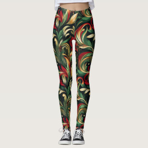 Elegant Red, Grönt & Guld Abstrakt Paisley Löv Leggings