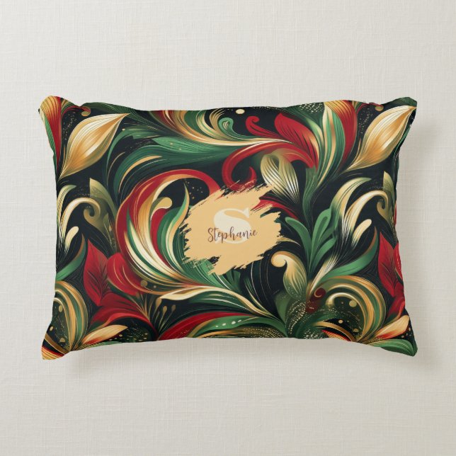 Elegant Red, Grönt & Guld Abstrakt Paisley Löv Prydnadskudde (Framsidan)