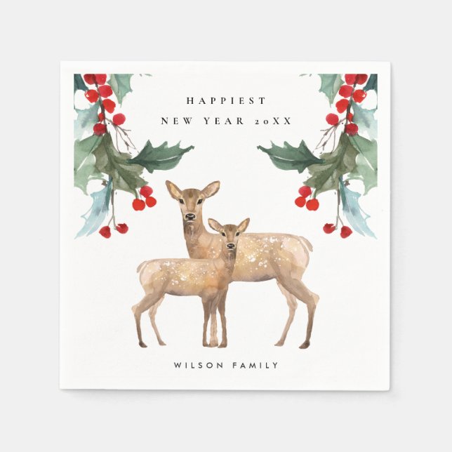 ELEGANT RED GRÖNT HOLLY BERRY HJORT DUO NEW YEAR PAPPERSSERVETT (Framsidan)