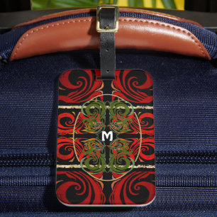 Elegant Red & Grönt Mönster Monogram Bagagebricka