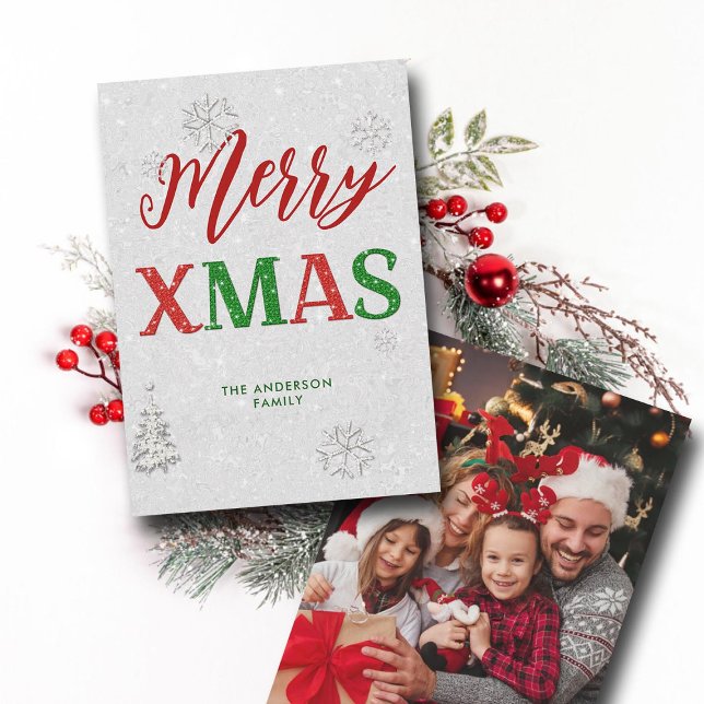 Elegant Red Grönt Rhinestone God jul Photo Julkort (Merry Christmas winter wonderland rhinestones sparkle red green white family photo holiday card chic)