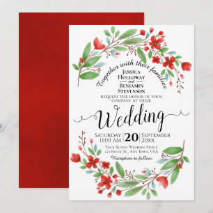 Elegant Red & Grönt Watercolor Blommigt Bröllop Inbjudningar