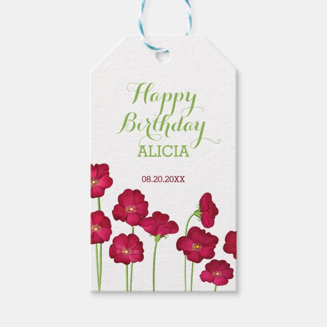 Elegant Red Growing Wildblomma Födelsedagsfest Presentetikett (Framsidan)