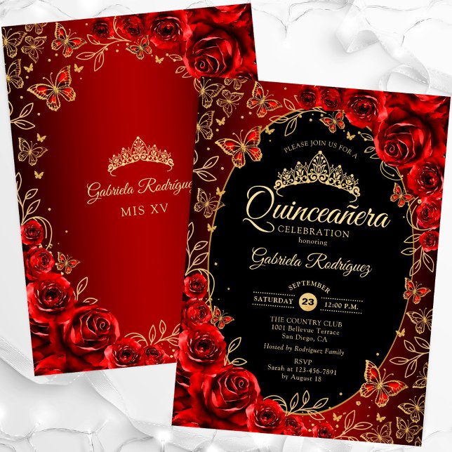 Elegant Red Guld Black Quinceanera Inbjudningar (Skapare uppladdad)