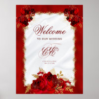 Elegant Red Guld Blommigt Bröllop Monogram