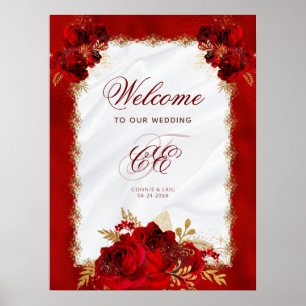 Elegant Red Guld Blommigt Bröllop Monogram Poster