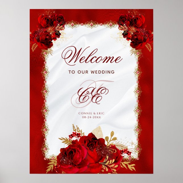 Elegant Red Guld Blommigt Bröllop Monogram Poster (Framsidan)
