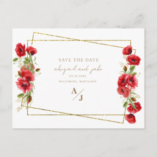 Elegant Red & Guld Blommigt Bröllop spara datum Vykort