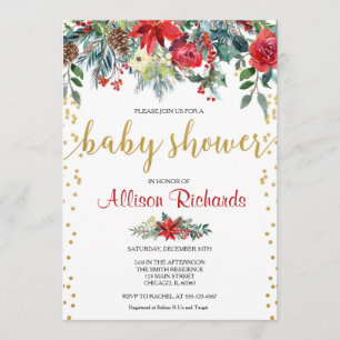 Elegant Red guld blommigt-julbabydusch Inbjudningar