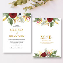 Elegant Red & Guld Blommigt Monogram Bröllop